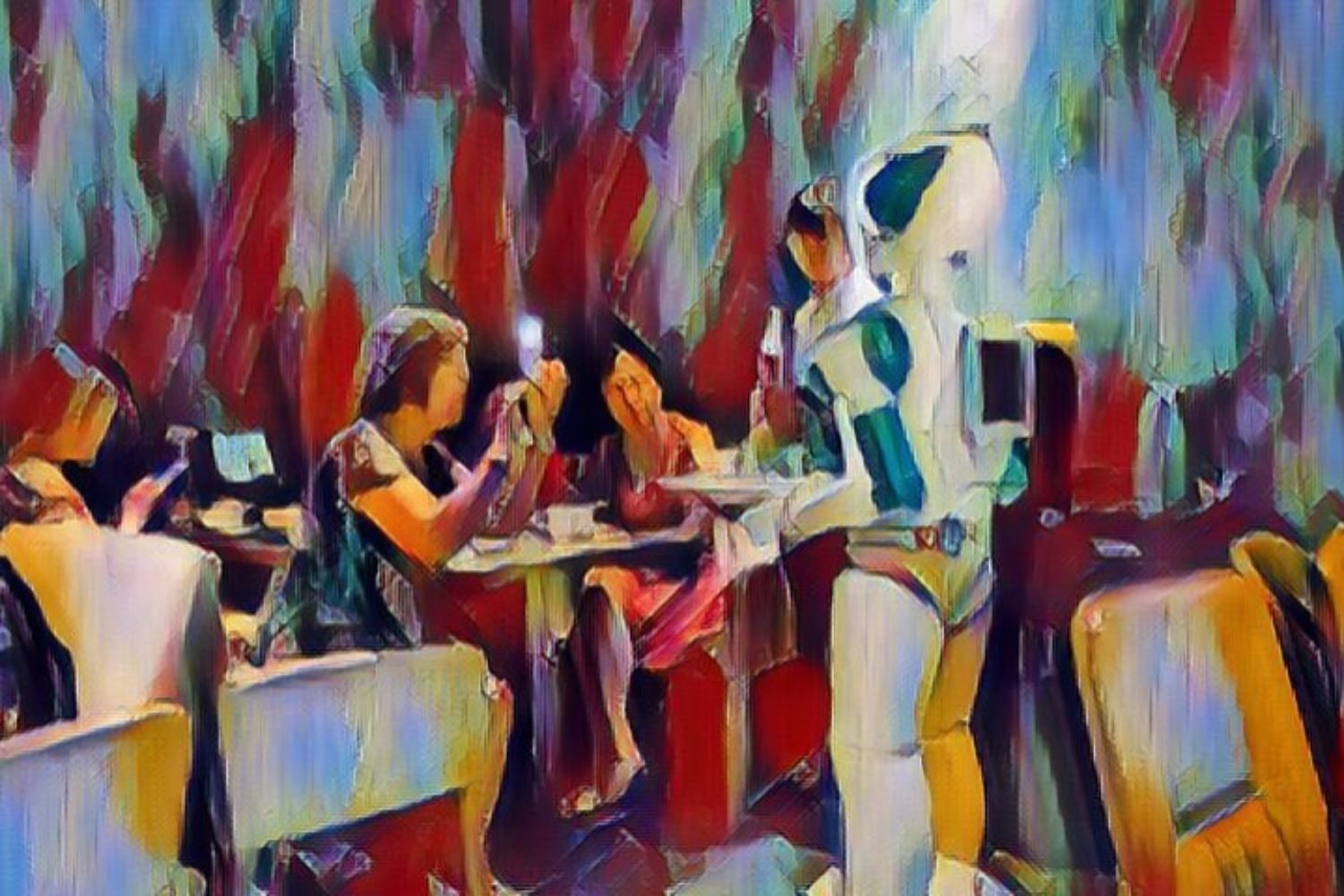 Robot serves women who take its picture at a Chinese restaurant.