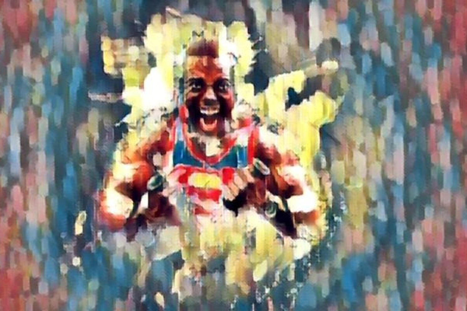 Black man with a Superman tanktop on smashes through a blue background.