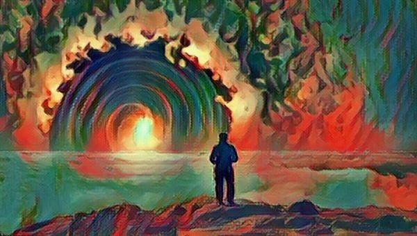 A man stands looking at a swirling glow around the sunset.