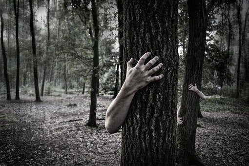 An arm reaches out from behind a tree.