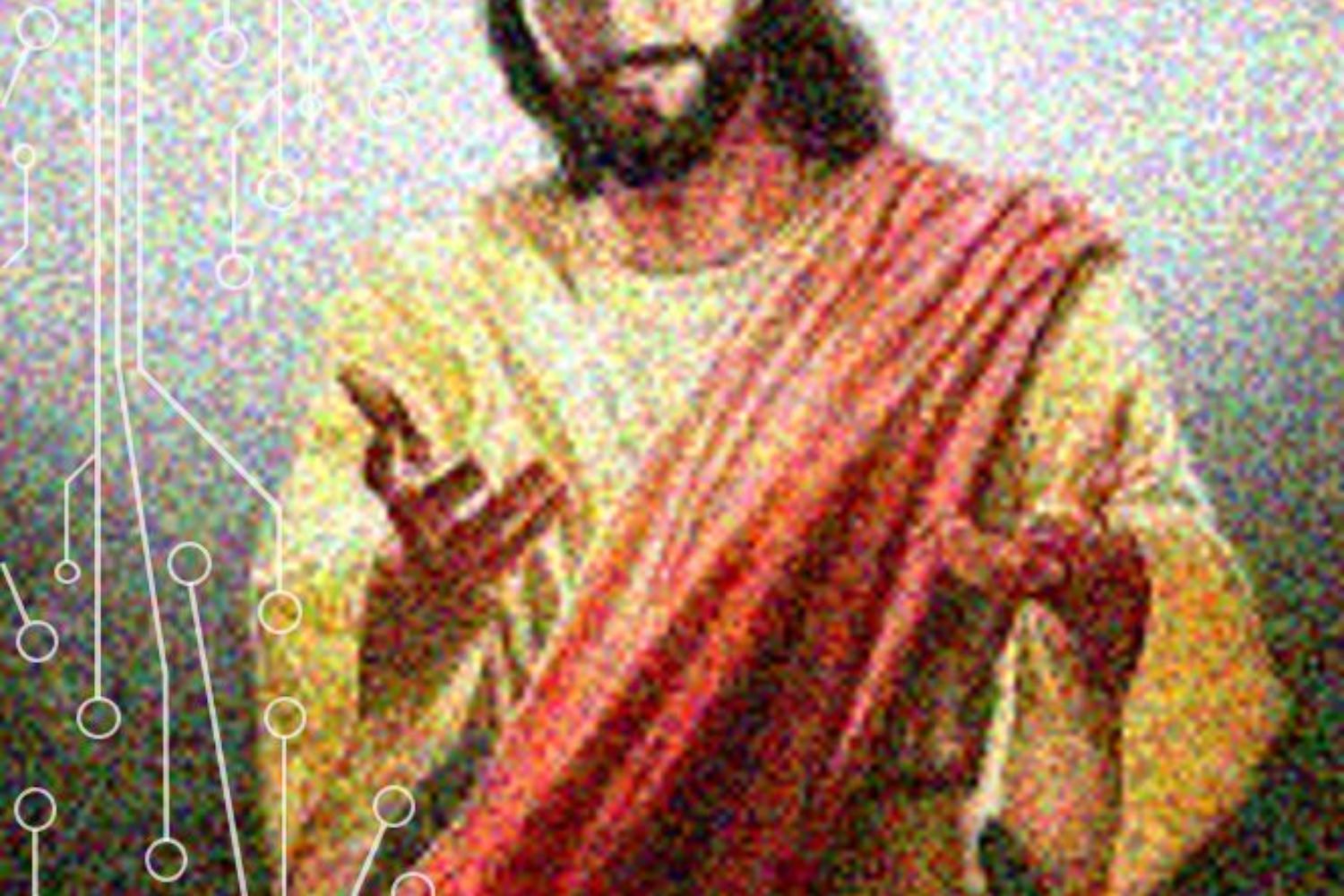 A happy birthday man-god, Jesus holds out his hands in thanks while surrounded by the safety of digital circuitry.