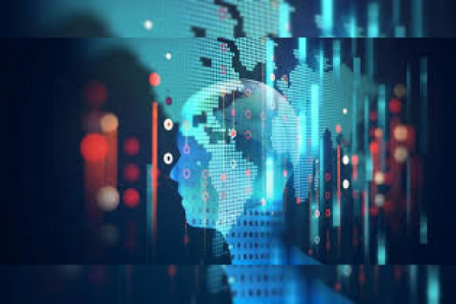 Human head profile silhouette with zeroes and ones on it is placed over the world map as a visual of AI water cooler chatter