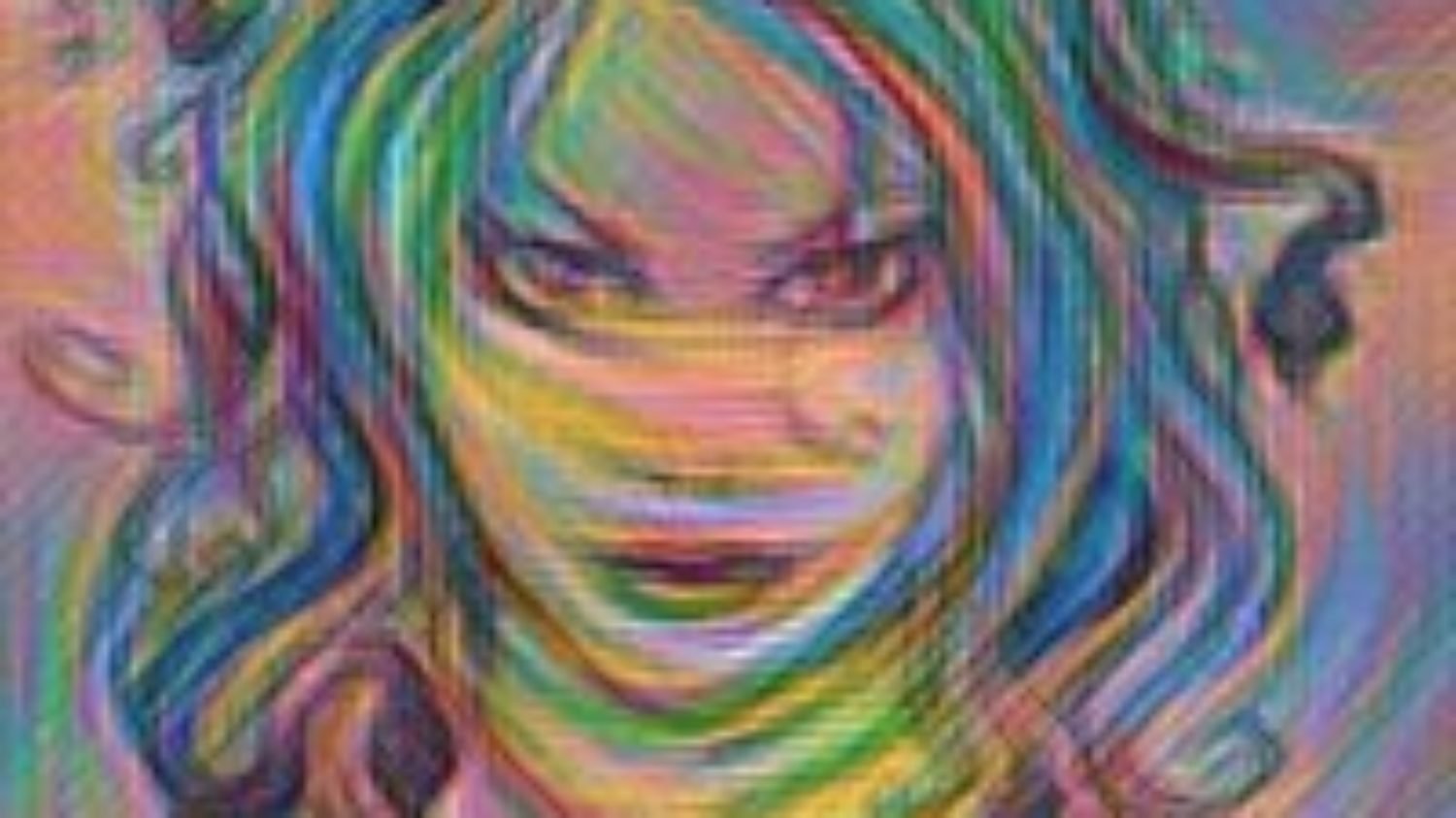 Rainbow-colored medusa weave—sketch of woman with rainbow-colored snake hair