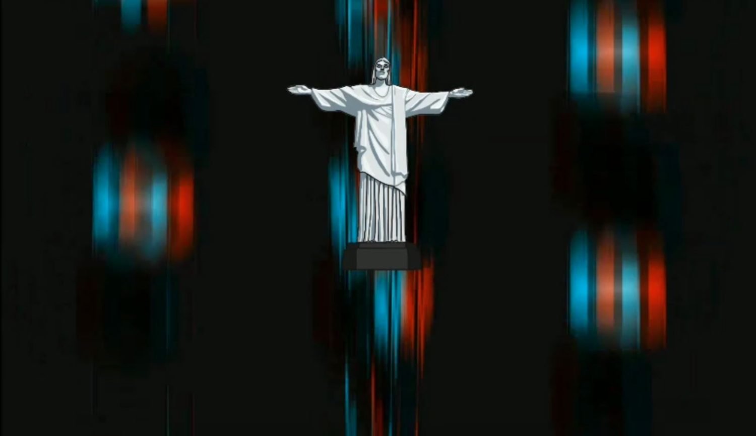 Floating Jesus with arms out in front of a black and multi-color streaks background