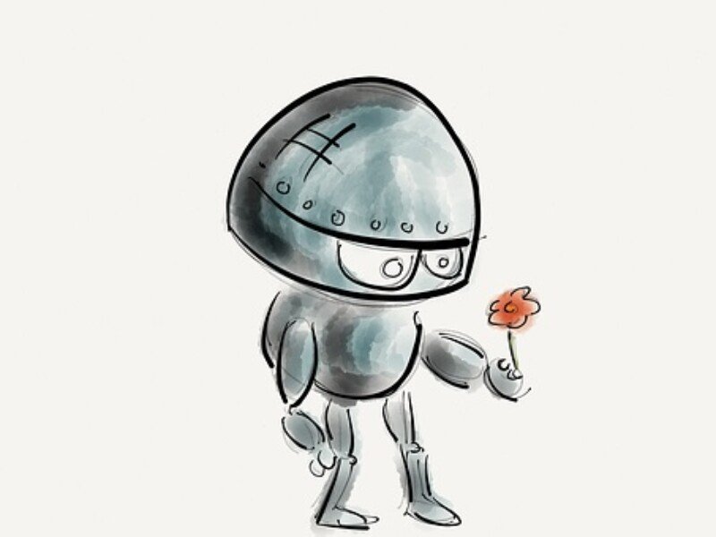 Illustration of a robot holding a red flower.