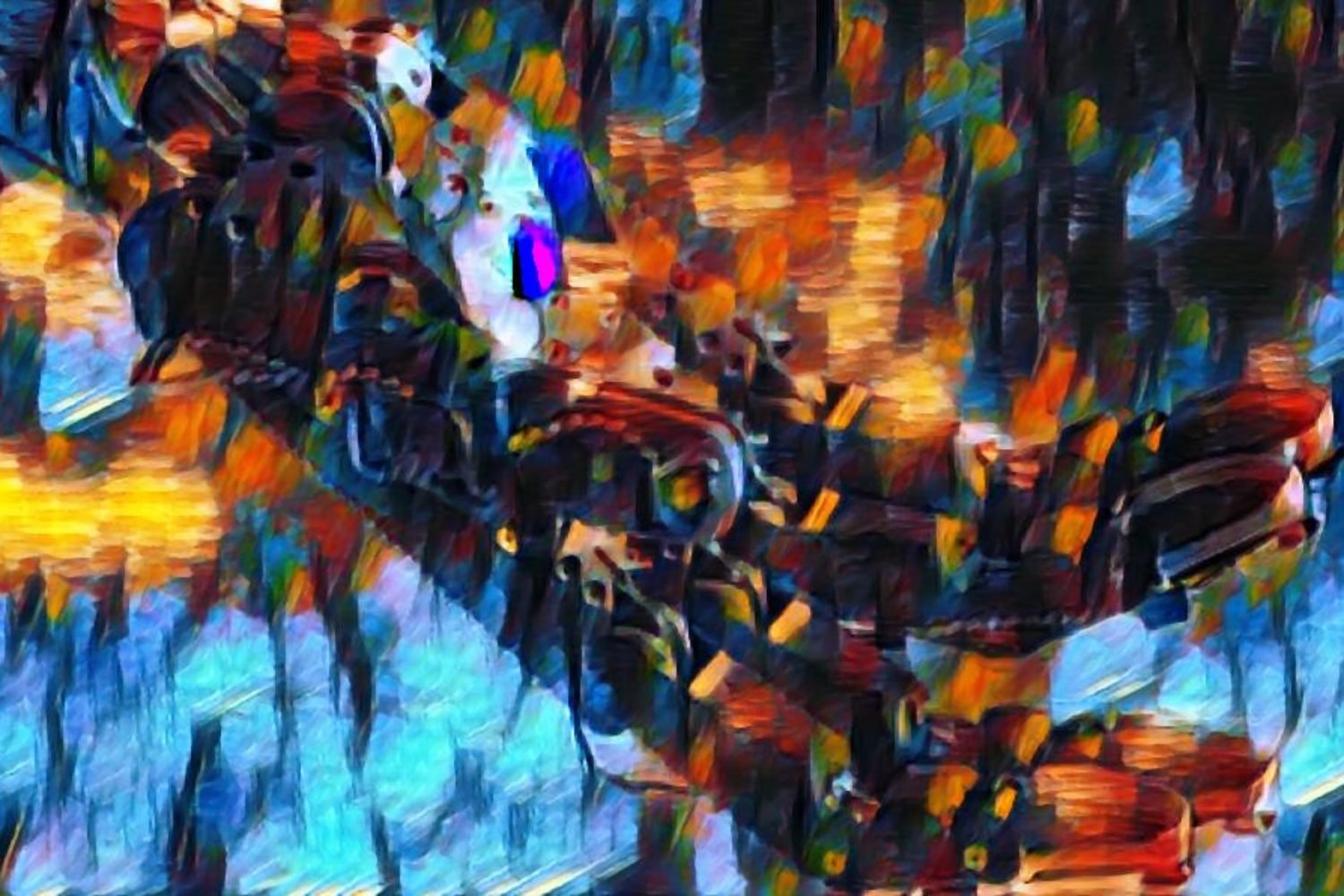 An outstretched robotic hand in stained glass colors